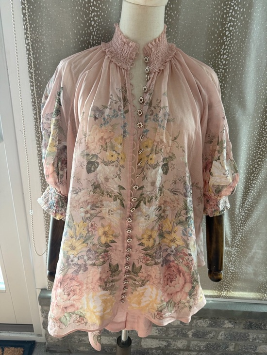 Zimmermann Tops - Zimmermann Dusty Pink Floral Smocked-Neck Blouse